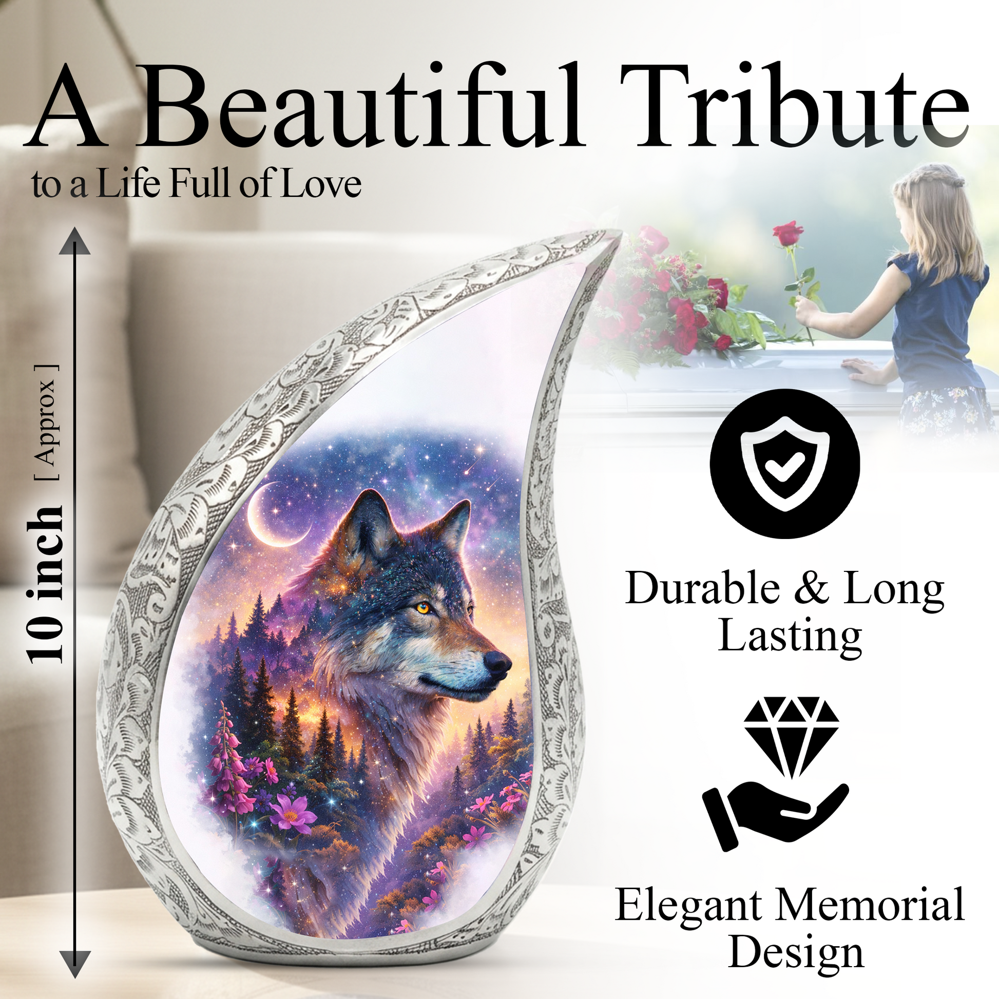 Personalized Wolf Dog Cremation Urn – Custom Pet Memorial Urn for Dog Ashes, Woodland Wolf Teardrop Aluminum Pet Urn, 10 Inch