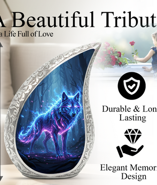 Mystic Wolf Personalized Cremation Urn – Teardrop Memorial Urn for Ashes | 10 Inch Aluminum Adult Urn