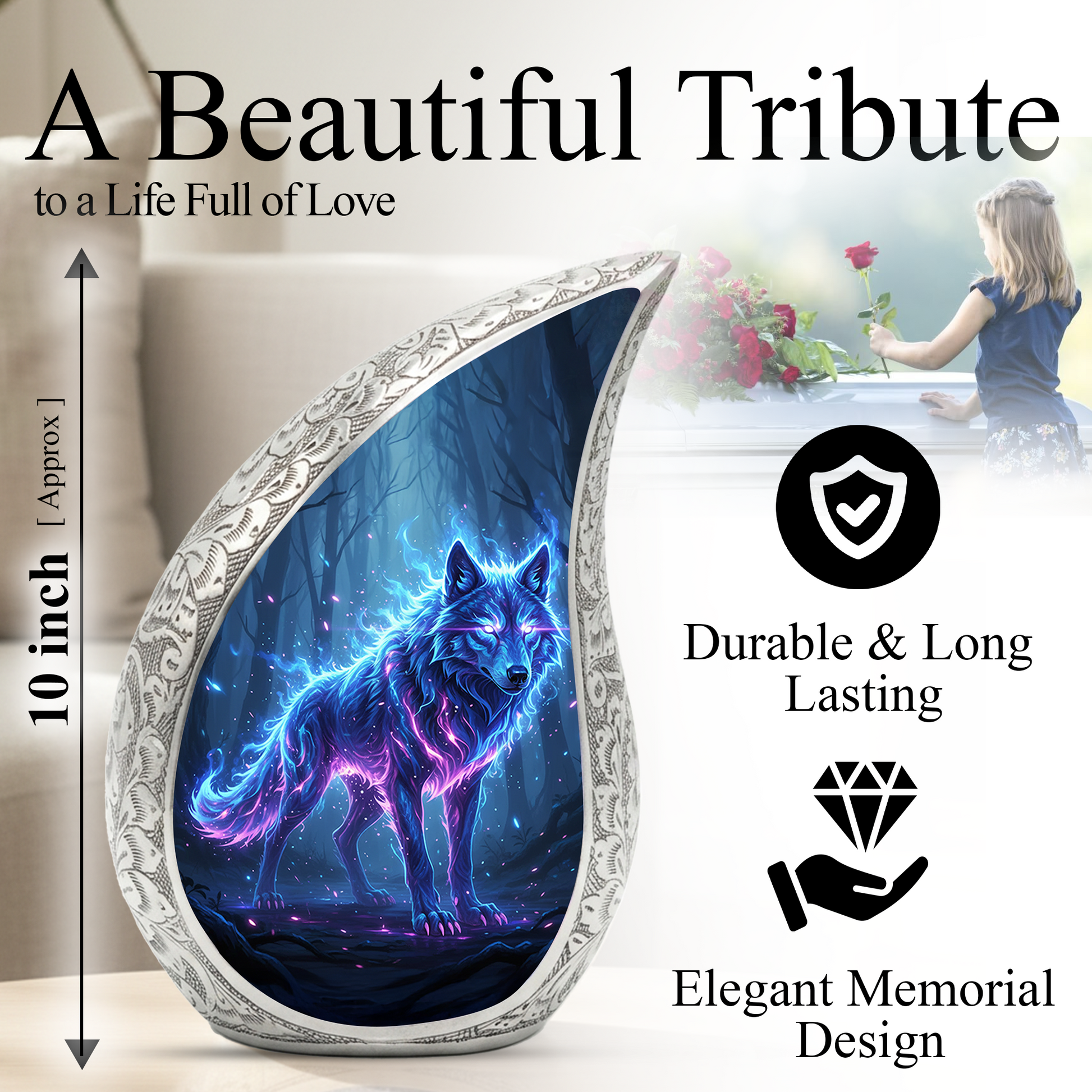 Mystic Wolf Personalized Cremation Urn – Teardrop Memorial Urn for Ashes | 10 Inch Aluminum Adult Urn