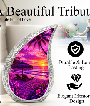 Beach Urns for Human Ashes – Ocean Sunset Beach Themed Cremation Urn, Palm Tree & Ocean Wave Memorial Urn for Mom, Women & Adults