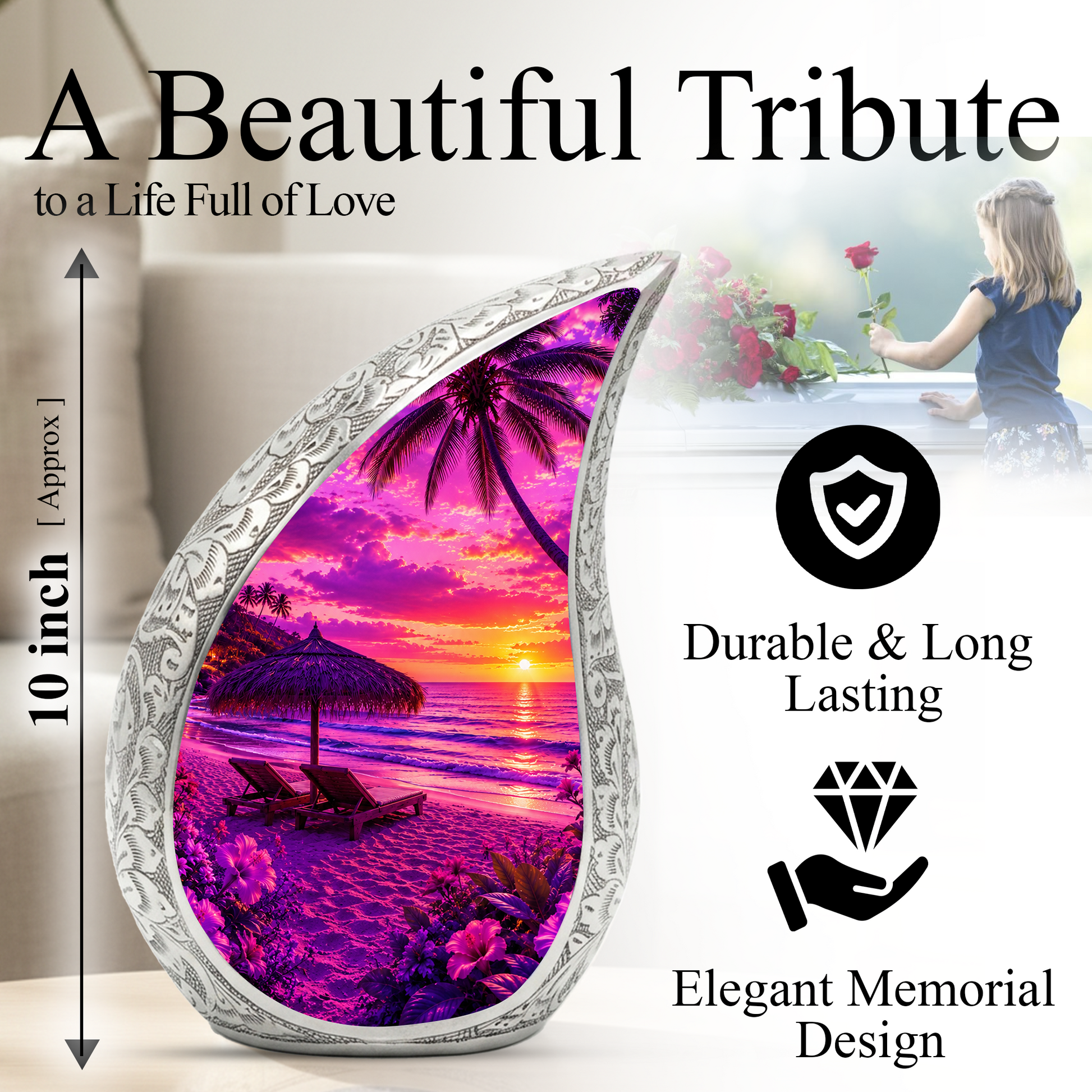 Beach Urns for Human Ashes – Ocean Sunset Beach Themed Cremation Urn, Palm Tree & Ocean Wave Memorial Urn for Mom, Women & Adults