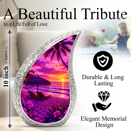Beach Urns for Human Ashes – Ocean Sunset Beach Themed Cremation Urn, Palm Tree & Ocean Wave Memorial Urn for Mom, Women & Adults