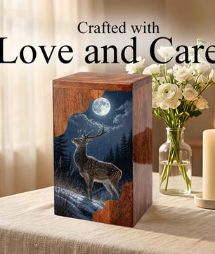 Deer Wooden Cremation Urn – Moonlit Forest Memorial Urn