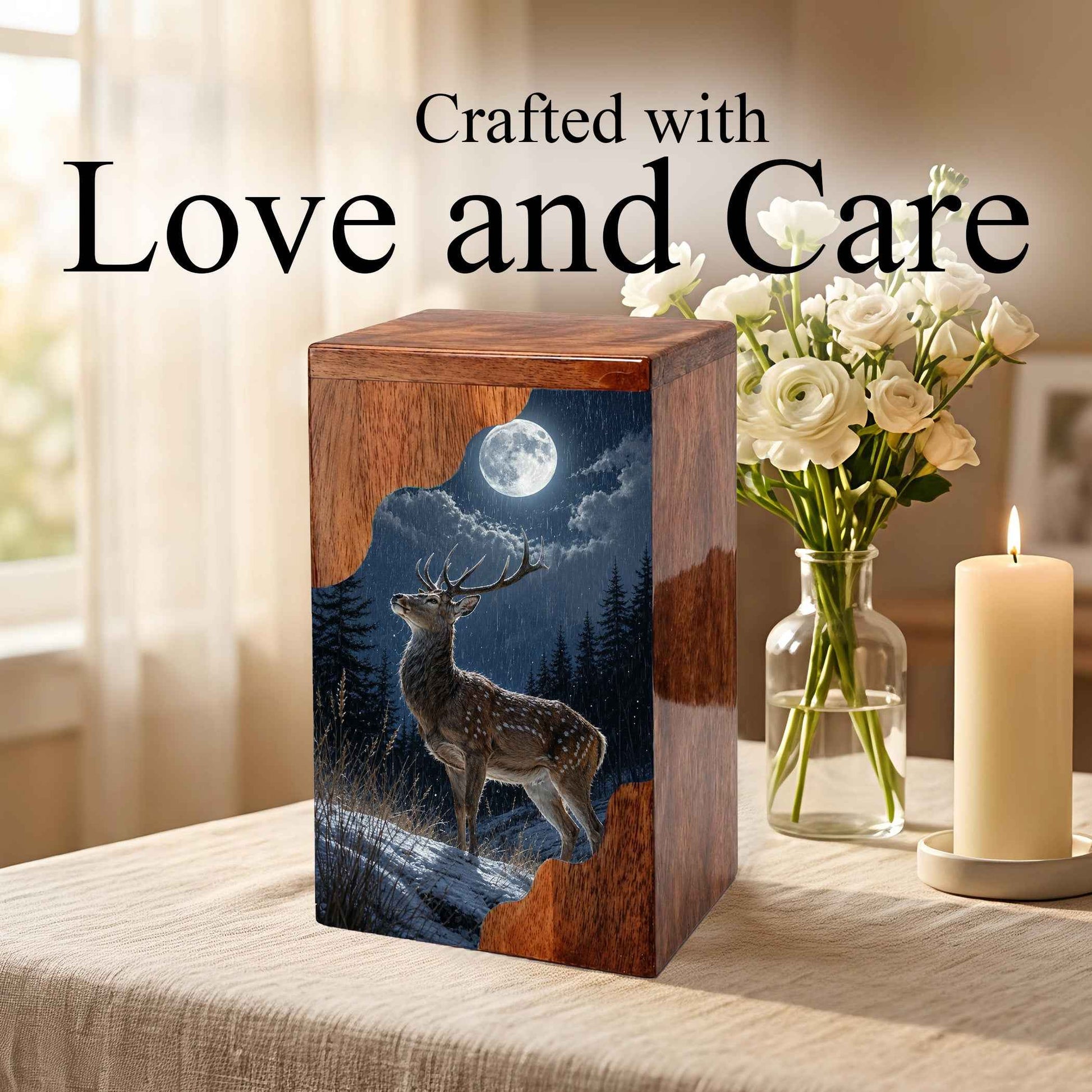 Deer Wooden Cremation Urn – Moonlit Forest Memorial Urn