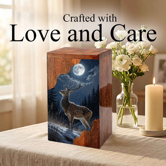 Deer Wooden Cremation Urn – Moonlit Forest Memorial Urn