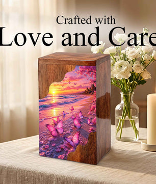 Pink Butterfly Beach Wooden Cremation Urn – Wooden Urn for Human Ashes