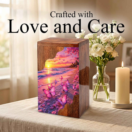Pink Butterfly Beach Wooden Cremation Urn – Wooden Urn for Human Ashes