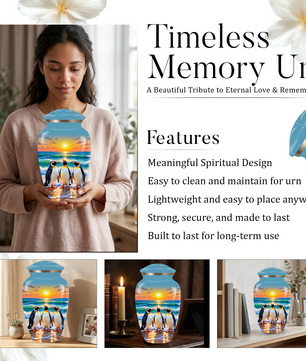 , Penguin Beach Sunset Memorial Urn, Ocean-Themed Urn for Human Ashes