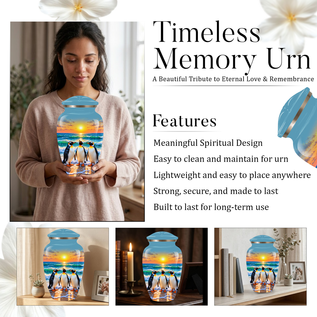 , Penguin Beach Sunset Memorial Urn, Ocean-Themed Urn for Human Ashes