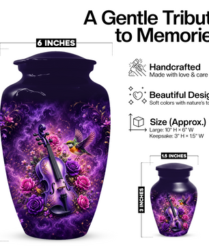 Purple Violin Hummingbird Cremation Urn for Human Ashes, Personalized Memorial Urn for Mom