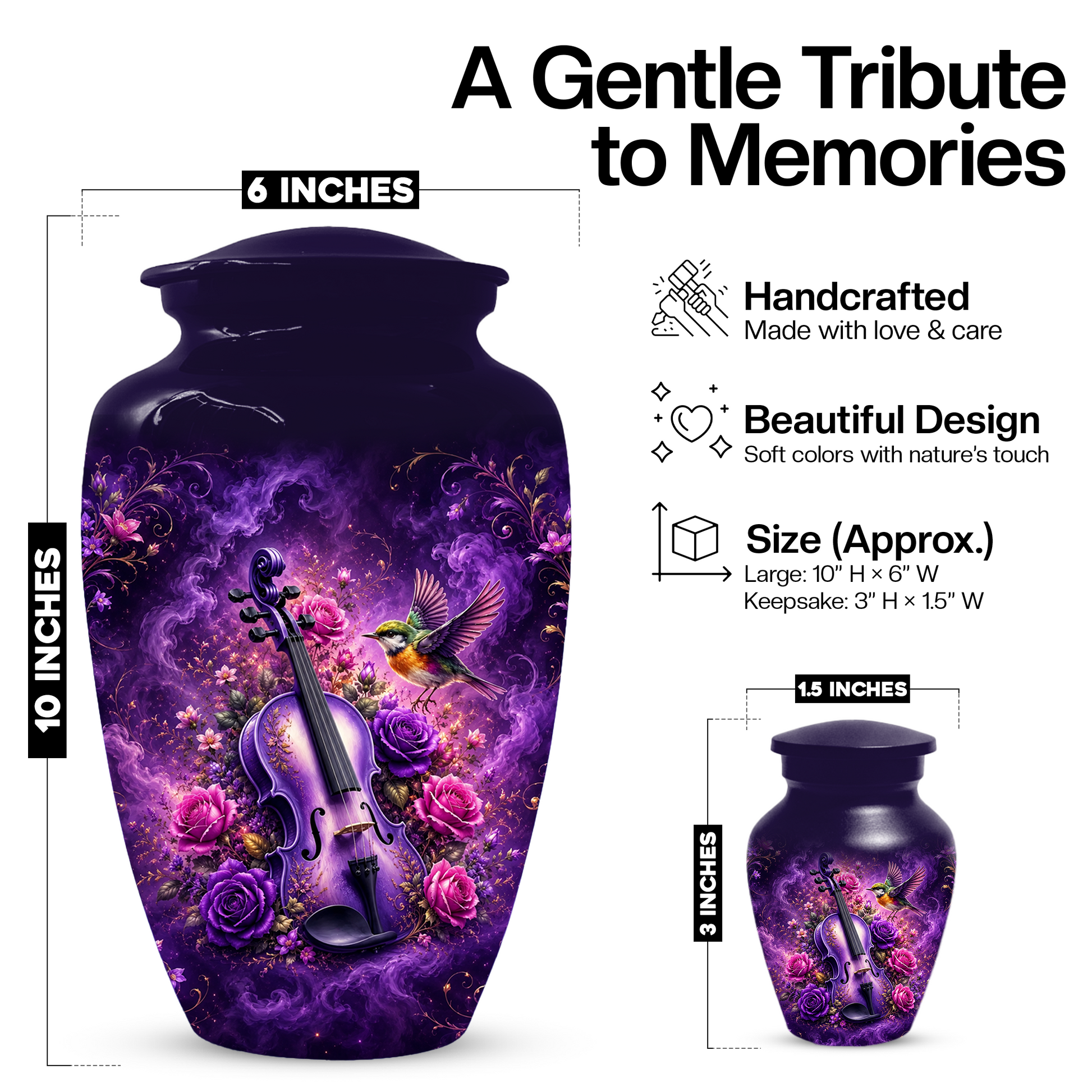 Purple Violin Hummingbird Cremation Urn for Human Ashes, Personalized Memorial Urn for Mom