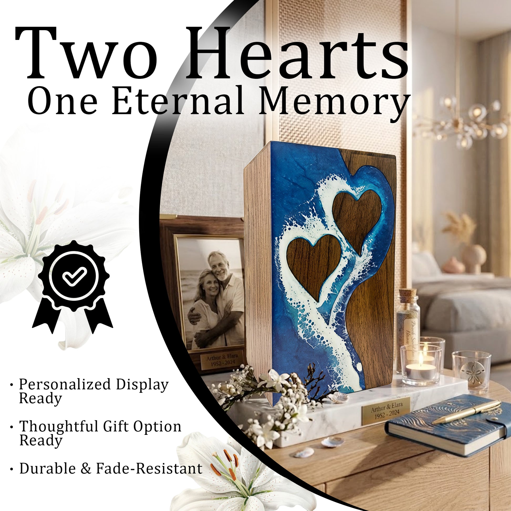 Ocean Wooden Urn For Human Ashes - Couple Urns Keepsake Box