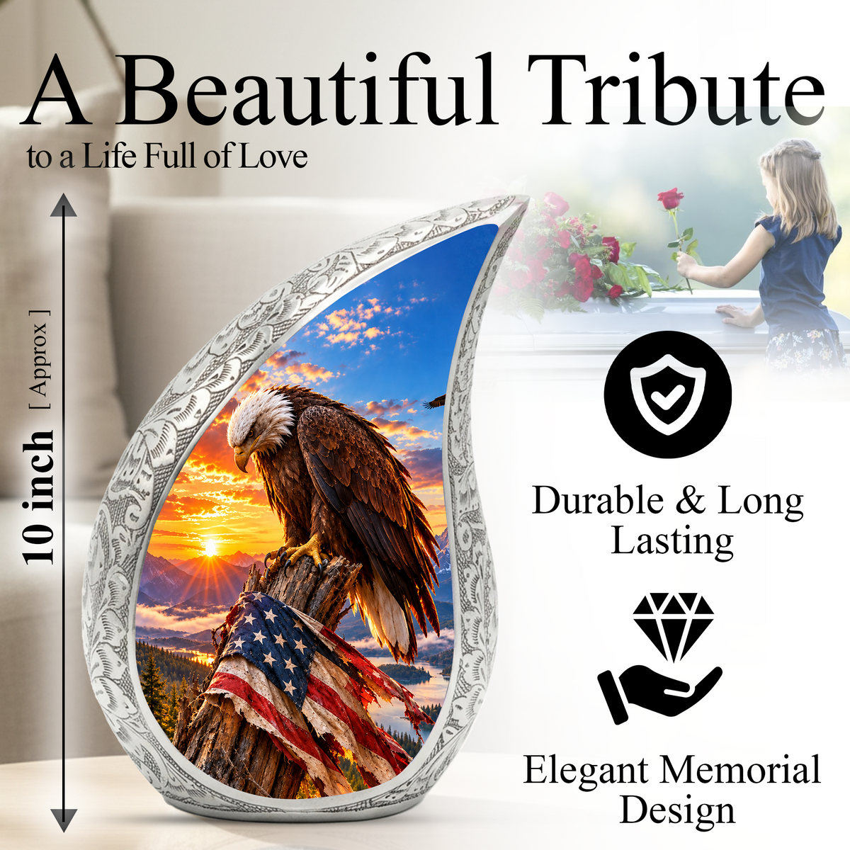 American Eagle Cremation Urn for Adult Ashes – Patriotic Bald Eagle Memorial Urn