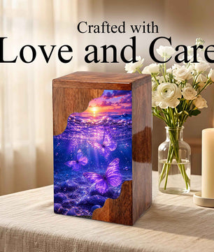 Purple Butterfly Ocean Wooden Cremation Urn – Wooden Urn for Human Ashes