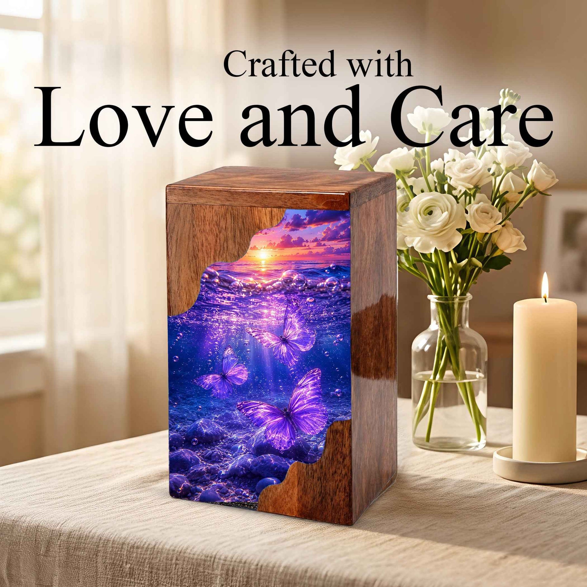 Purple Butterfly Ocean Wooden Cremation Urn – Wooden Urn for Human Ashes