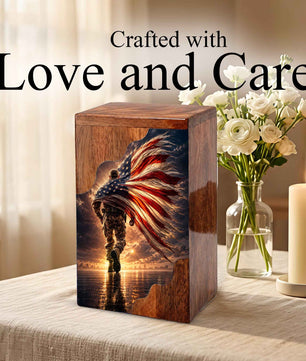 Military Wooden Cremation Urn – Patriotic Memorial Urn for Human Ashes