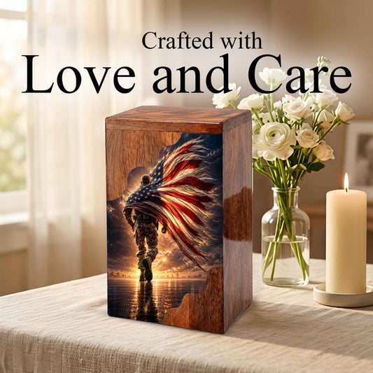 Military Wooden Cremation Urn – Patriotic Memorial Urn for Human Ashes