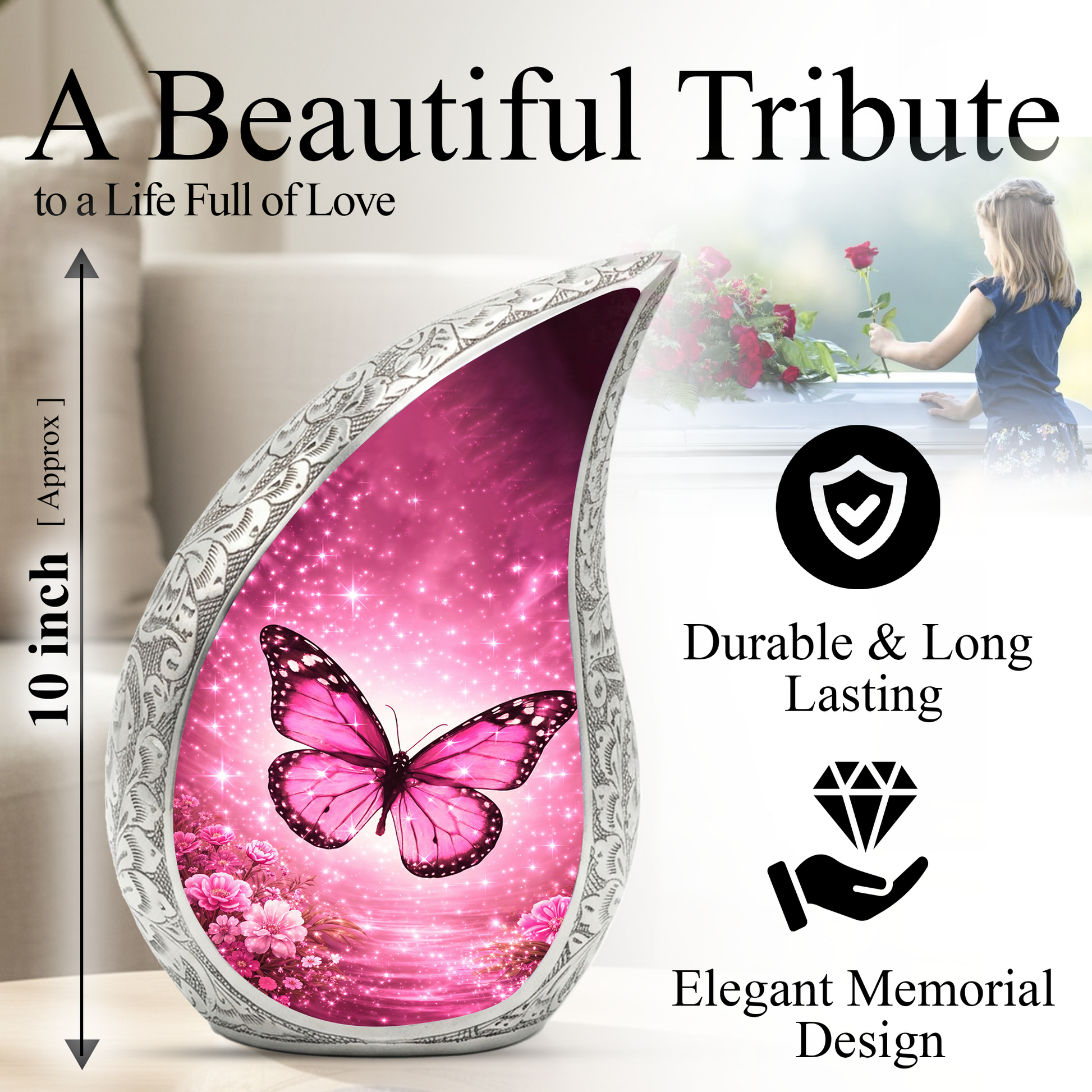 Beautiful Pink Butterfly Flower Cremation Urn for Adult Ashes