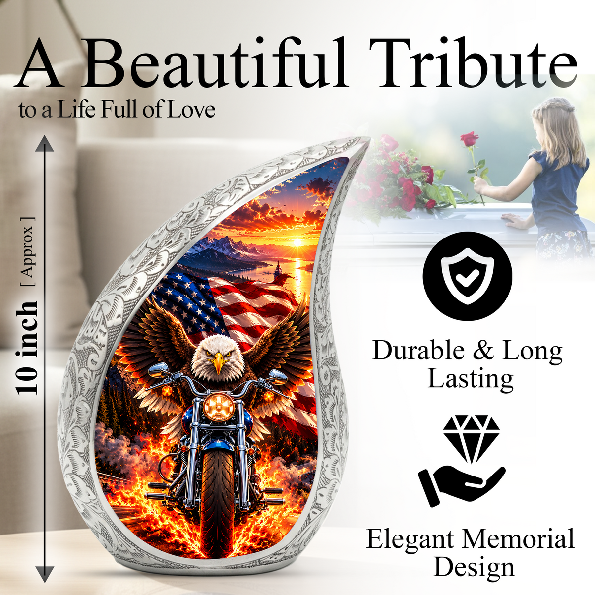 Patriotic Eagle Motorcycle Urn for Human Ashes, American Flag Adult Cremation Urn