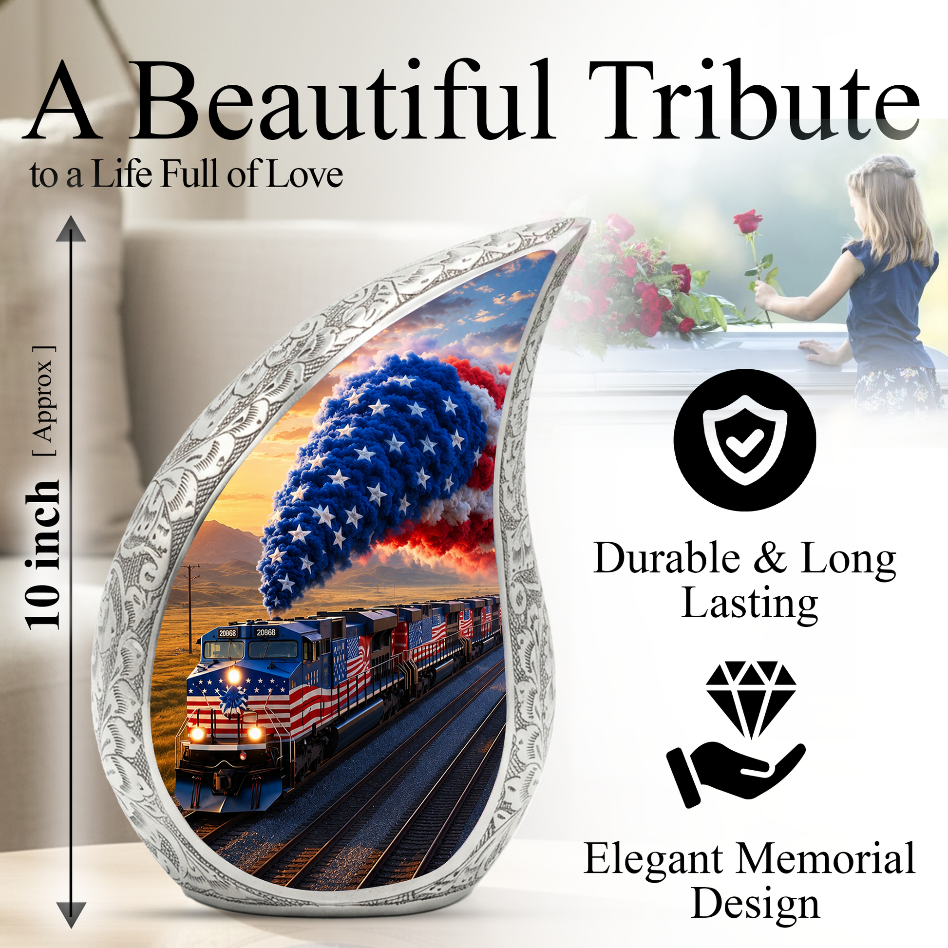 Patriotic American Flag Train Cremation Urn for Adult Ashes