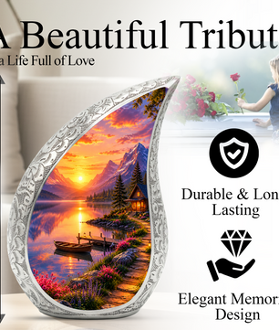 Sunset Lake Cremation Urn for Adult Ashes, Mountain Landscape Memorial Urn