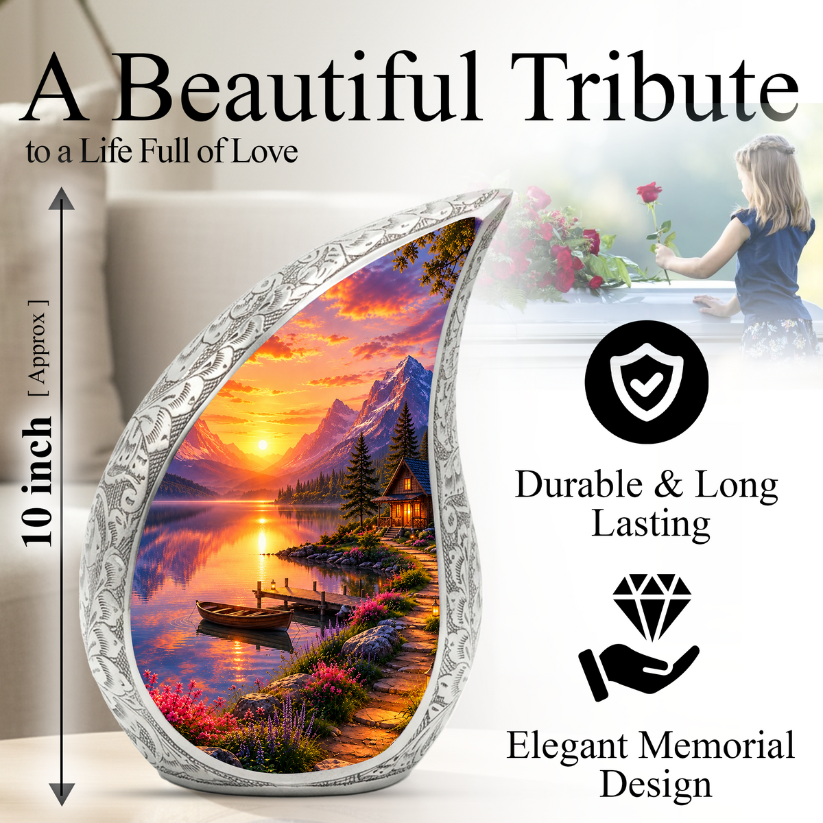 Sunset Lake Cremation Urn for Adult Ashes, Mountain Landscape Memorial Urn