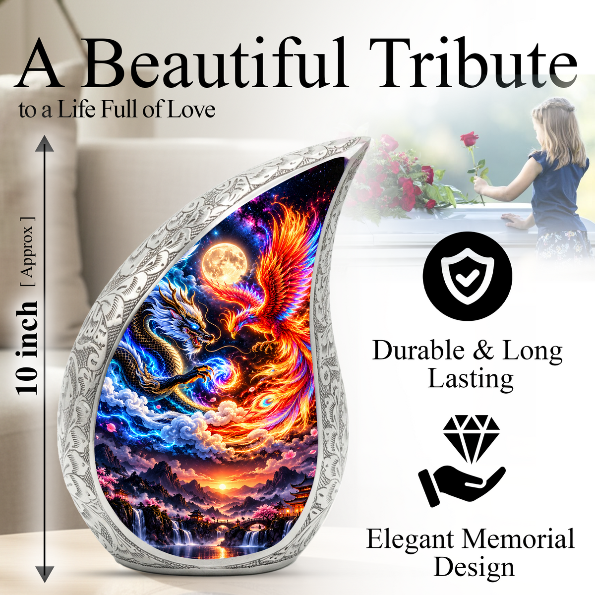 Dragon and Phoenix Cremation Urn for Ashes, Mythical Bird Adult Memorial Urn