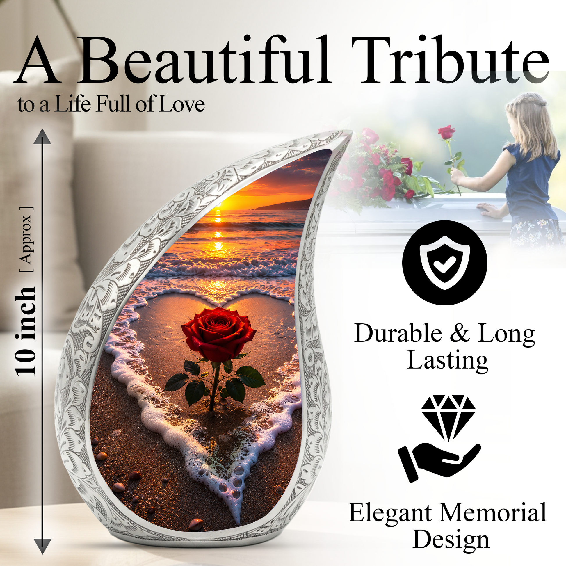 Beach Rose Cremation Urn for Human Ashes | Ocean Sunset Beach Themed Memorial Urn