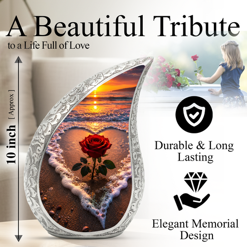 Beach Rose Cremation Urn for Human Ashes | Ocean Sunset Beach Themed Memorial Urn