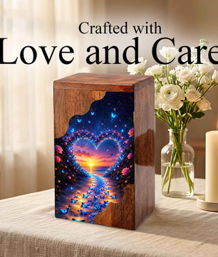 Butterfly Wooden Cremation Urn – Heart Sunset Memorial Urn for Human Ashes