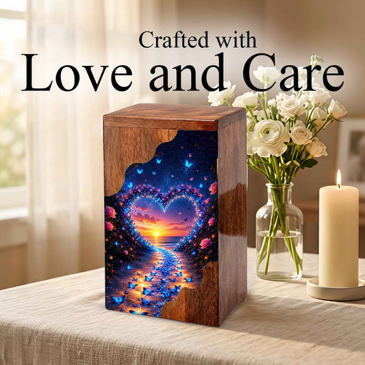 Butterfly Wooden Cremation Urn – Heart Sunset Memorial Urn for Human Ashes