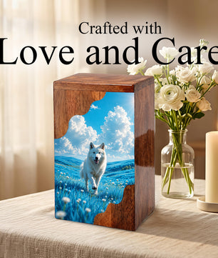 White Dog Wooden Cremation Urn – Personalized Pet Memorial Urn for Dog Ashes