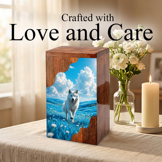 White Dog Wooden Cremation Urn – Personalized Pet Memorial Urn for Dog Ashes