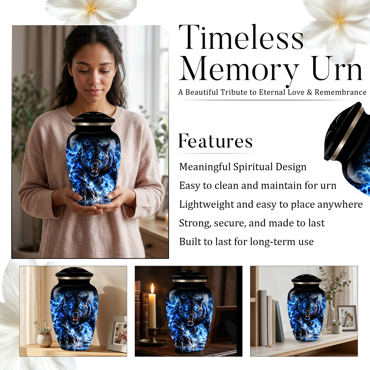 Black Panther Cremation Urn for Ashes, Blue Lightning Big Cat Urn for Human Ashes