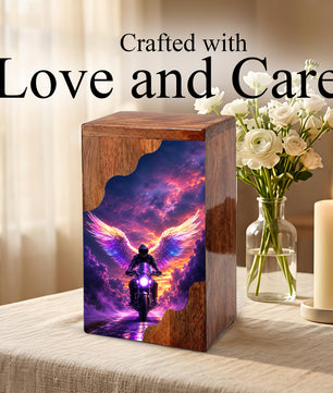 Motorcycle Angel Wings Wooden Cremation Urn – Ride Free Memorial Urn for Human Ashes