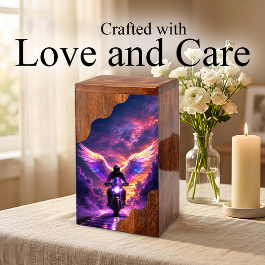 Motorcycle Angel Wings Wooden Cremation Urn – Ride Free Memorial Urn for Human Ashes
