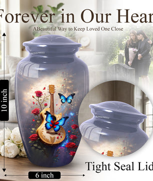 Butterfly Urn for Mom with Guitar – Personalized Cremation Large Urn for Ashes