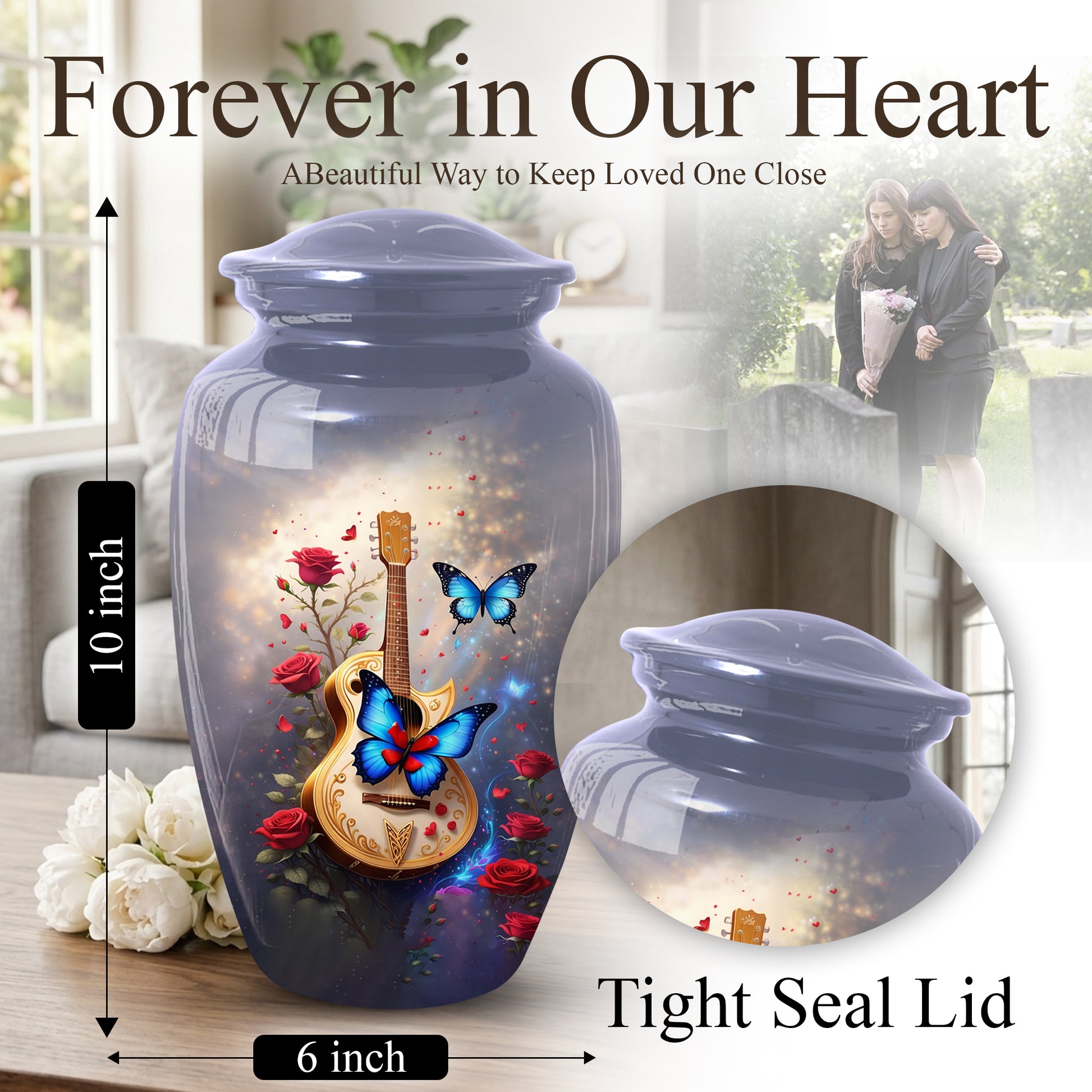 Butterfly Urn for Mom with Guitar – Personalized Cremation Large Urn for Ashes