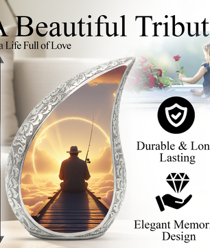 Fishing Personalized Cremation Urn for Dad – Teardrop Style Aluminum Memorial Urn, 10 Inch
