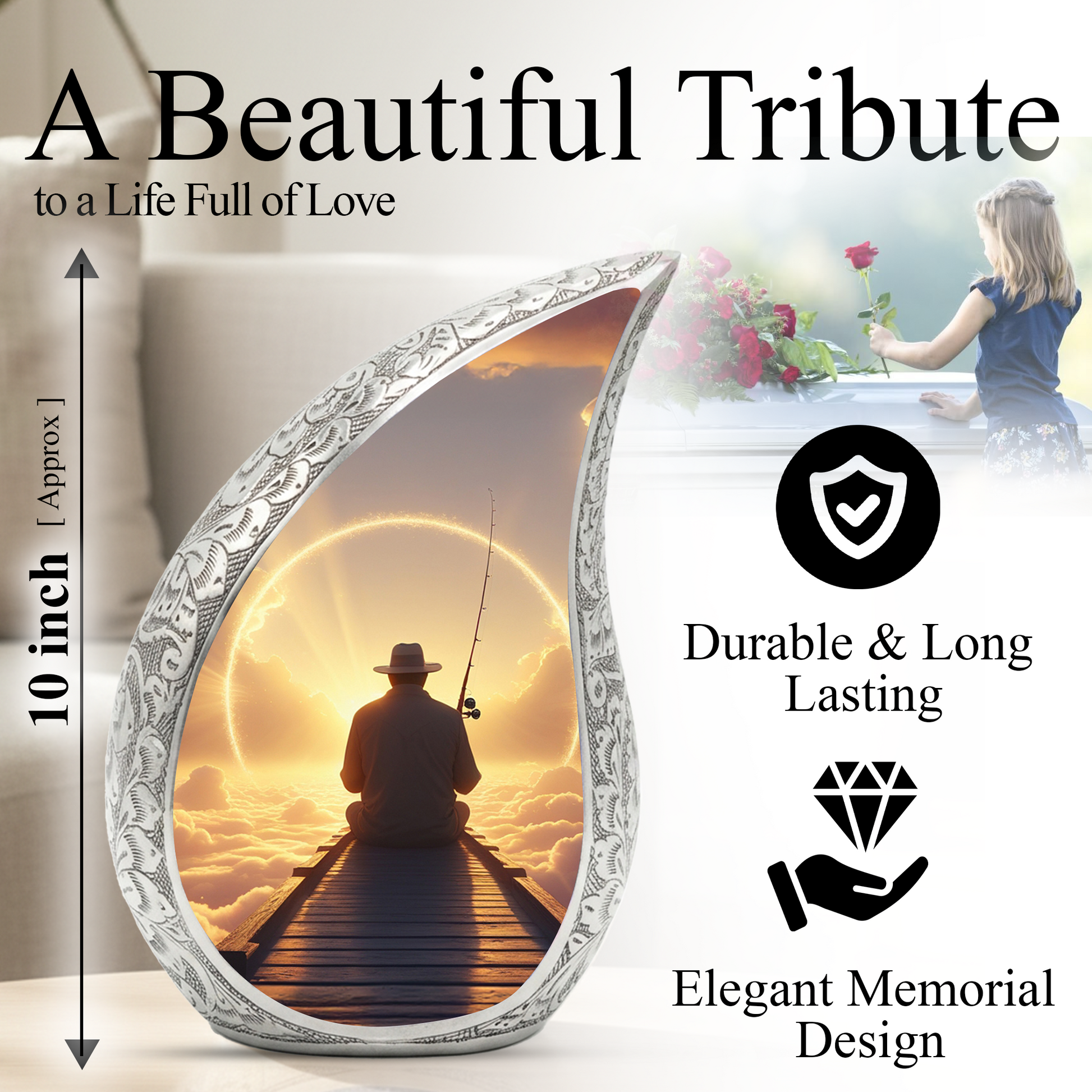 Fishing Personalized Cremation Urn for Dad – Teardrop Style Aluminum Memorial Urn, 10 Inch
