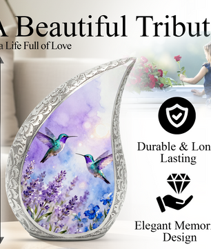 Hummingbird Personalized Cremation Urn for Mom – Teardrop Style Aluminum Memorial Urn, 10 Inch