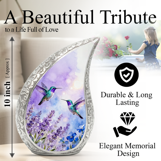 Hummingbird Personalized Cremation Urn for Mom – Teardrop Style Aluminum Memorial Urn, 10 Inch