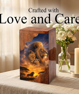 Lion Family Wooden Cremation Urn – Legacy & Eternal Love Memorial Urn for Human Ashes