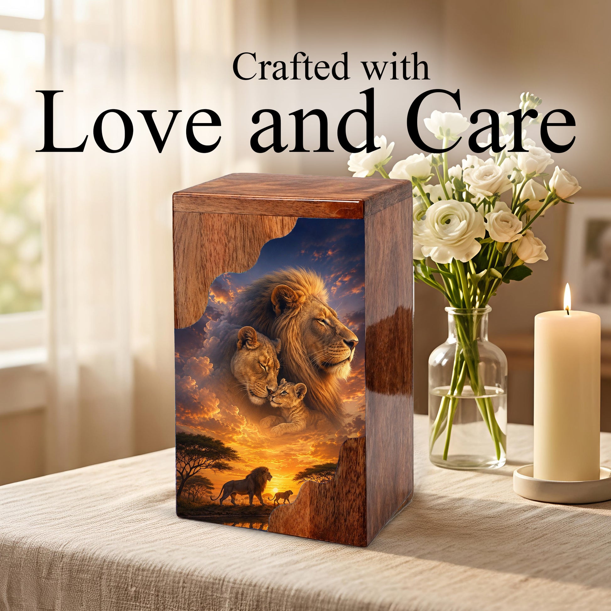 Lion Family Wooden Cremation Urn – Legacy & Eternal Love Memorial Urn for Human Ashes