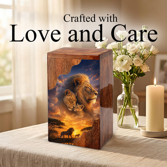 Lion Family Wooden Cremation Urn – Legacy & Eternal Love Memorial Urn for Human Ashes