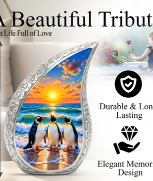 Penguin Cremation Urn for Ashes, Beach Sunset Memorial Urn, Adult Aluminum Cremation Urn