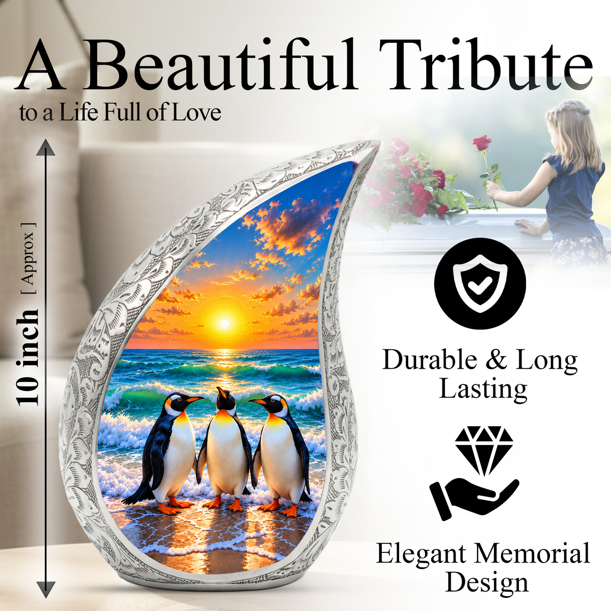 Penguin Cremation Urn for Ashes, Beach Sunset Memorial Urn, Adult Aluminum Cremation Urn