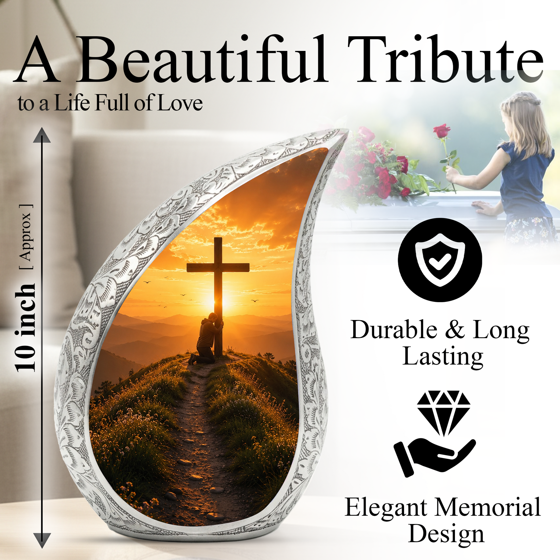 Cross Sunset Urn for Dad | Personalized Cremation Urn for Father's Ashes Memorial