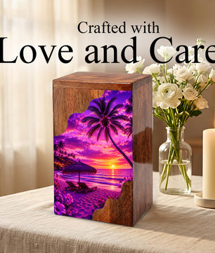 Tropical Sunset Wooden Cremation Urn – Beach Memorial Urn for Human Ashes