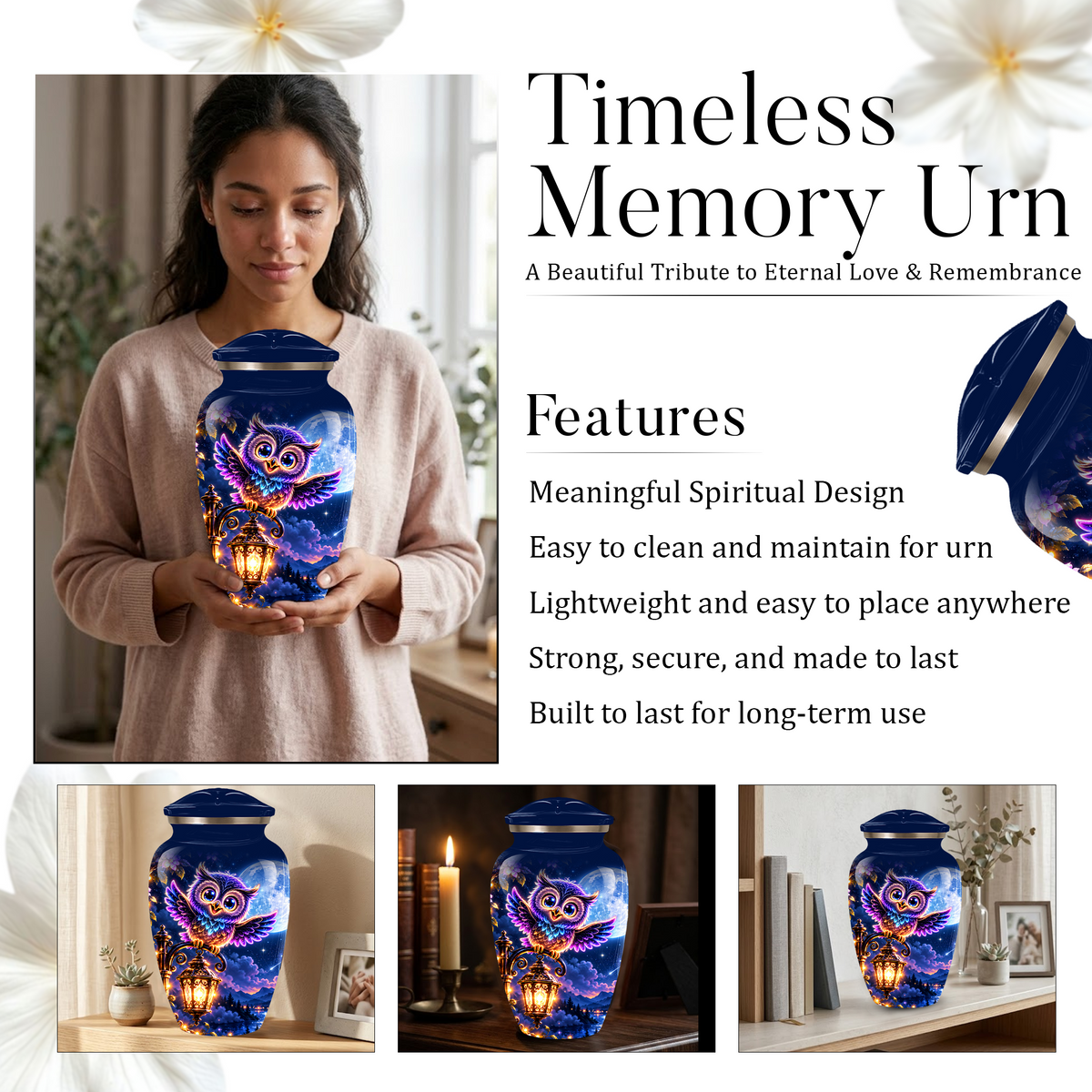 Owl Cremation Urn for Adult Ashes, Colorful Owl Under Moonlight Adult Urn for Human Ashes